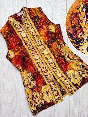 Vintage 70s Batik Cotton Fire Shirt Indonesian Hippie Tunic Red Boho Festival XS